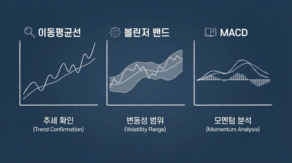이동평균선과 MACD 및 볼린저 밴드 관계를 설명하는 차트 예시 이미지