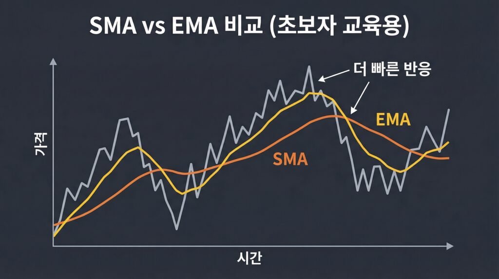 SMA와 EMA 차이를 설명하는 이동평균선 비교 차트 이미지
