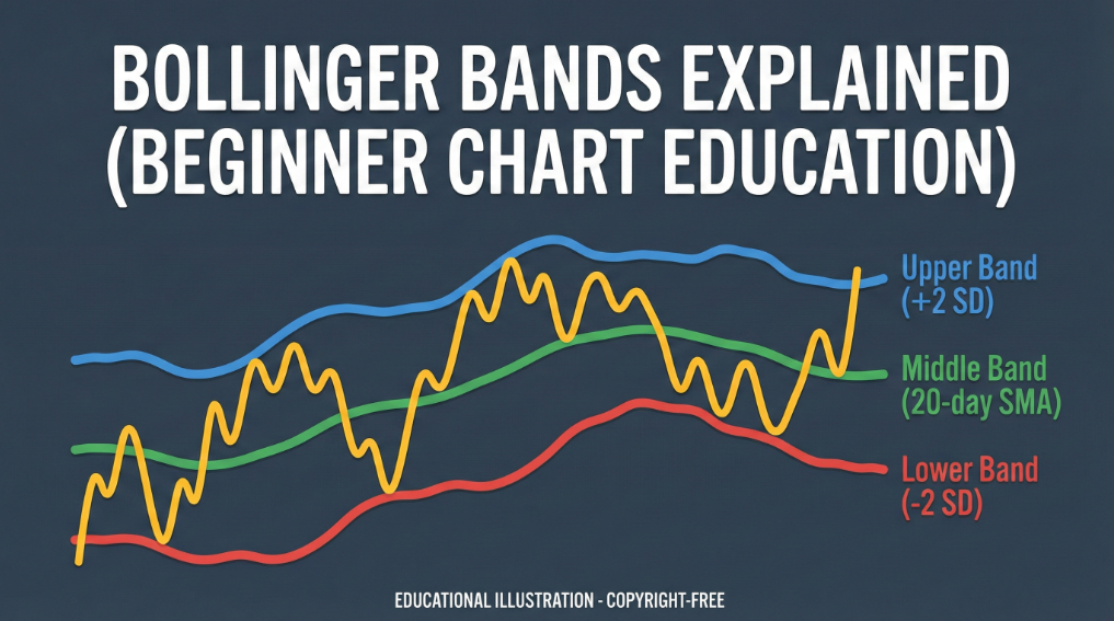 볼린저 밴드 중앙선과 상단·하단 밴드 구조를 설명하는 차트 예시 이미지