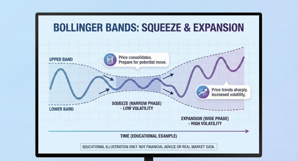 볼린저 밴드 수축과 확장을 통해 변동성 변화를 보여주는 차트 예시 이미지