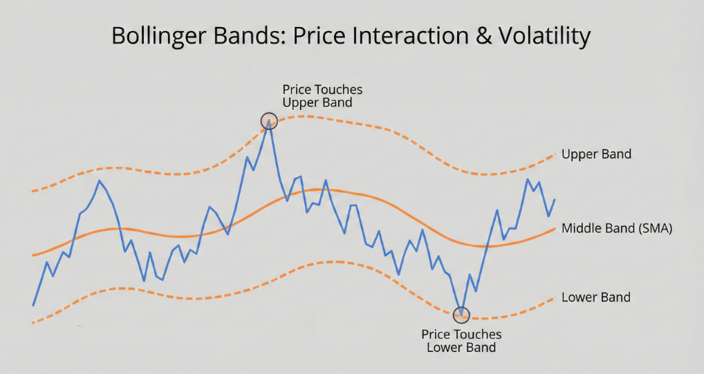 가격이 볼린저 밴드 상단과 하단 근처에서 움직이는 위치 관계를 보여주는 차트 이미지