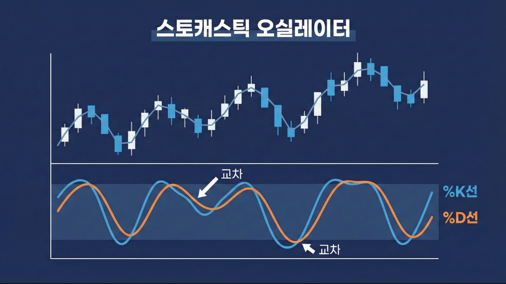 스토캐스틱 %K선과 %D선 교차를 설명하는 차트 이미지