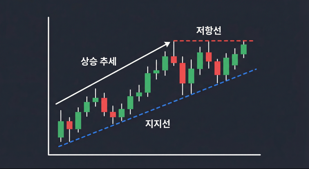 상승 추세에서 형성되는 지지선과 저항선 예시 차트