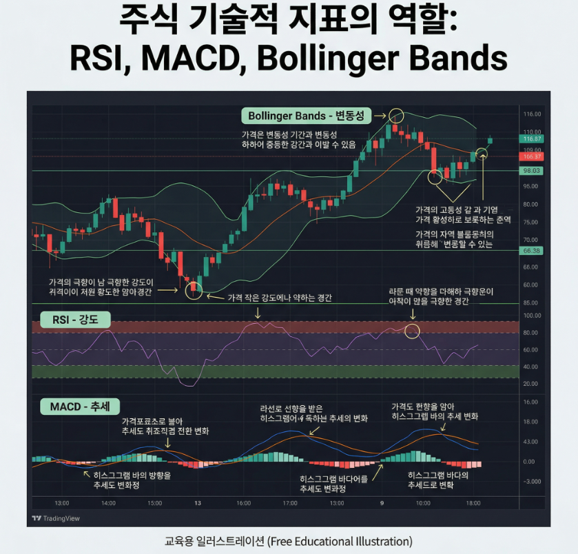 RSI MACD 볼린저 밴드 역할 비교 차트 이미지