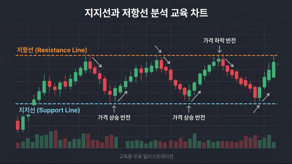 지지선과 저항선을 설명하는 비트코인 차트 이미지