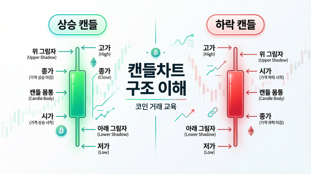 캔들 차트는 시가, 종가, 고가, 저가 정보를 포함합니다.
