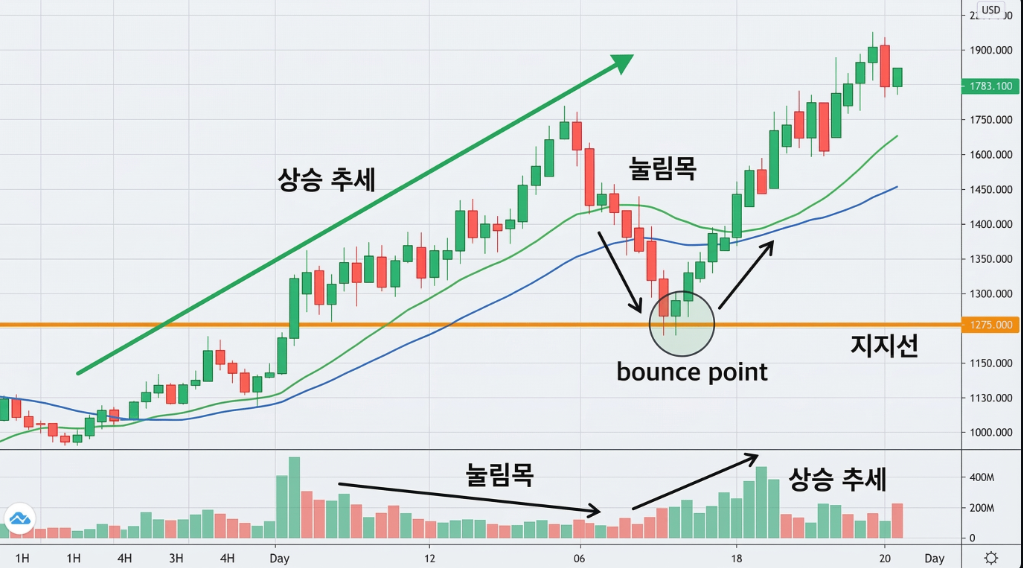 지지선에서 발생하는 눌림목 매매 예시