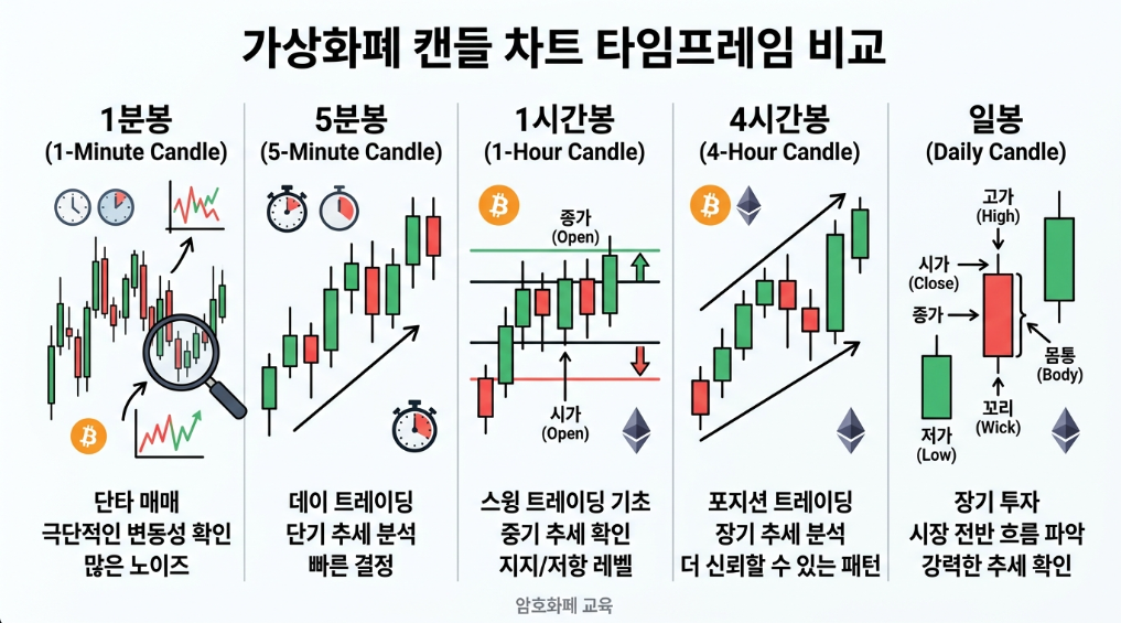 텍스트: 코인 차트 1분봉 5분봉 1시간봉 4시간봉 일봉 차이 설명 이미지