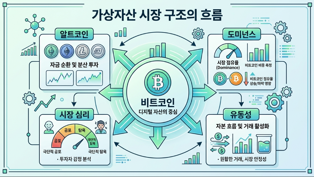 암호화폐 시장 구조와 비트코인 알트코인 자금 흐름 설명 이미지