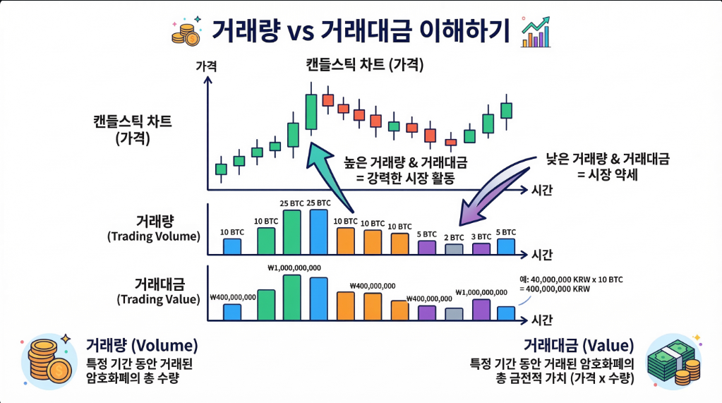 코인 거래량과 거래대금 차이 설명 차트