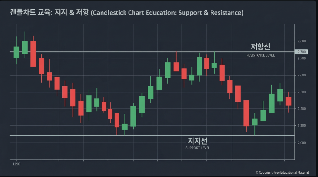 지지선과 저항선을 설명하는 차트 예시 이미지