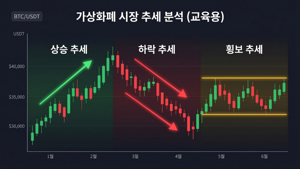 상승 추세 하락 추세 횡보 추세를 설명하는 차트 이미지