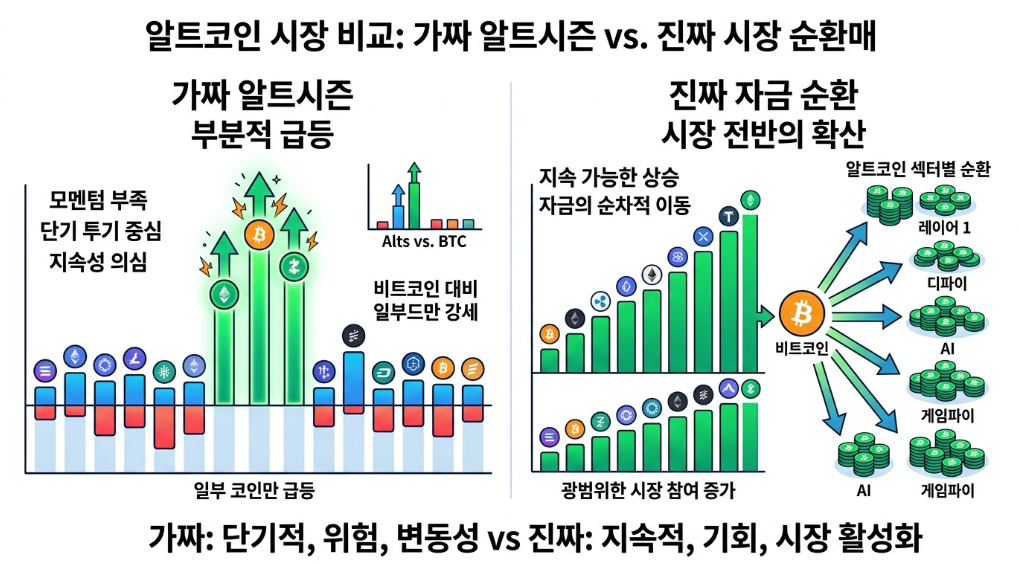 가짜 알트시즌과 진짜 시장 확산 비교 이미지