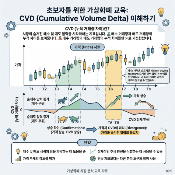 코인 CVD 개념과 가격 차트 관계를 설명하는 교육용 이미지