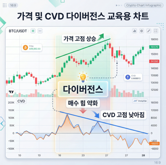 가격 상승과 CVD 약세 다이버전스를 설명하는 차트 이미지