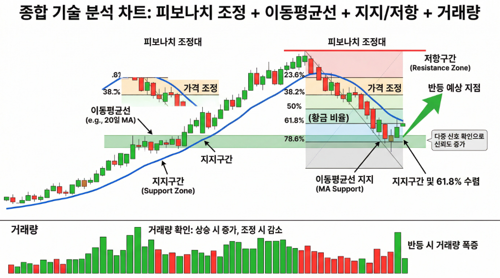 피보나치 되돌림과 이동평균선 지지저항 거래량을 함께 보는 방법 설명 이미지