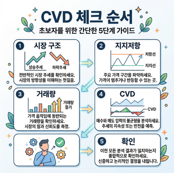 코인 CVD를 읽는 실전 체크 순서를 정리한 교육용 이미지