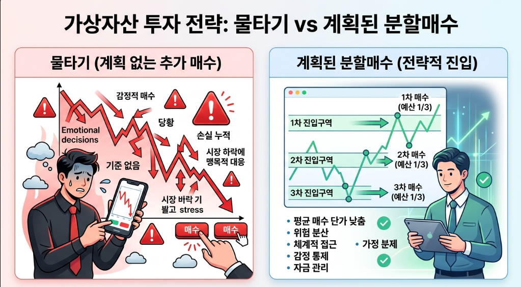 물타기와 계획된 분할매수의 차이를 설명하는 교육용 차트 이미지