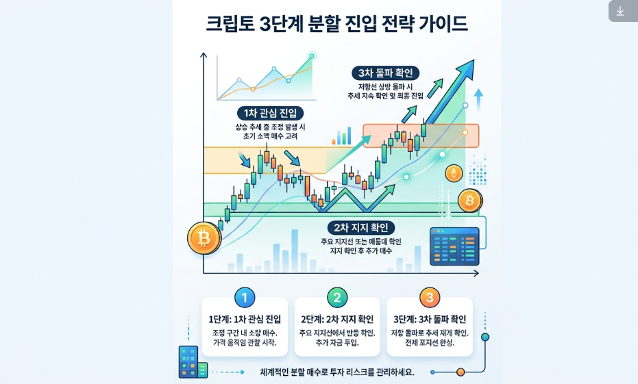 코인 3단 분할진입 구조를 설명하는 교육용 이미지

캡션: