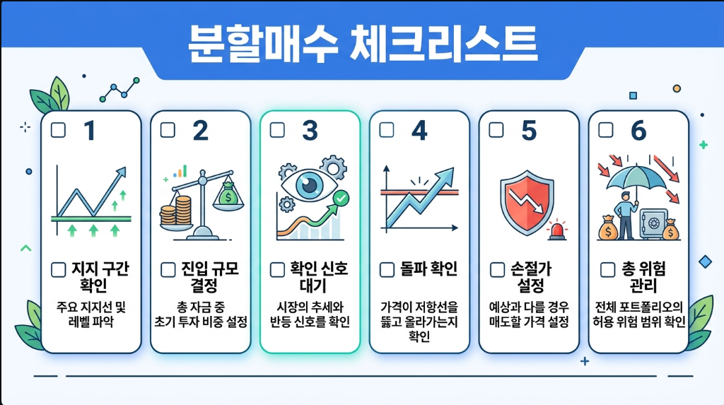 코인 분할매수 전략 전 체크리스트를 정리한 이미지