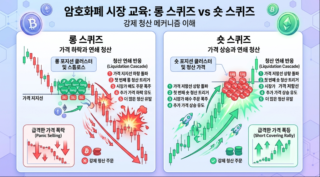 롱 스퀴즈와 숏 스퀴즈 차이를 설명하는 교육용 이미지