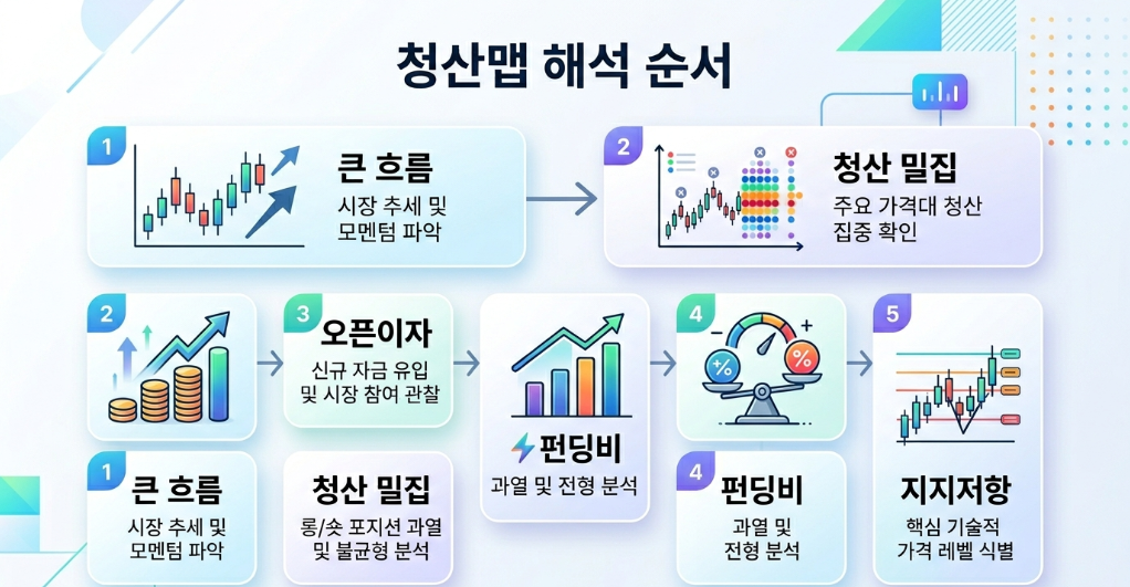 비트코인 청산맵 해석 순서를 정리한 교육용 이미지