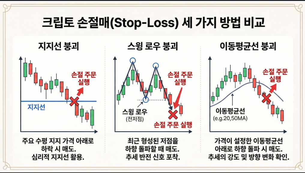 코인 손절 라인 설정 방법 지지선 직전 저점 이동평균선 기준 비교 이미지