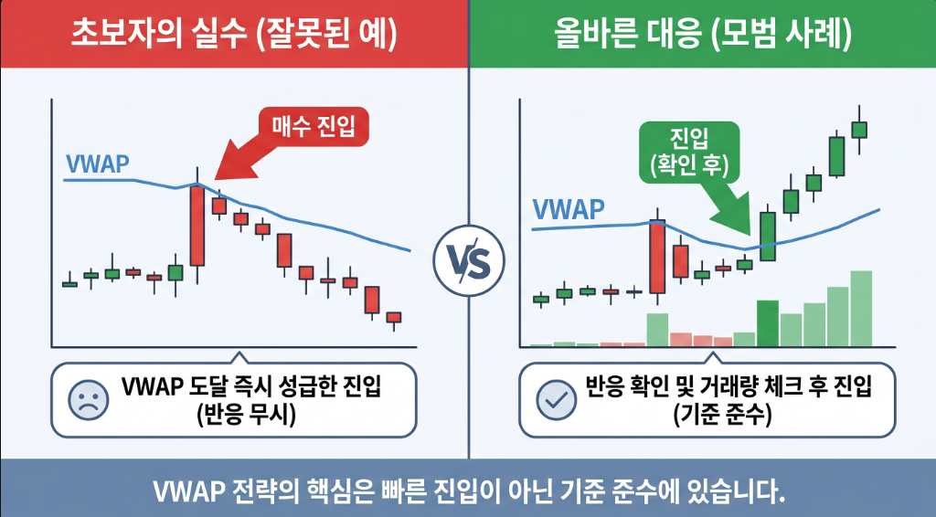코인 VWAP 전략에서 초보자 실수와 올바른 대응을 비교한 이미지