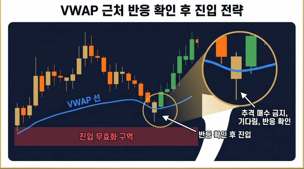 코인 VWAP 근처 반응 확인 후 진입하는 과정을 설명한 이미지