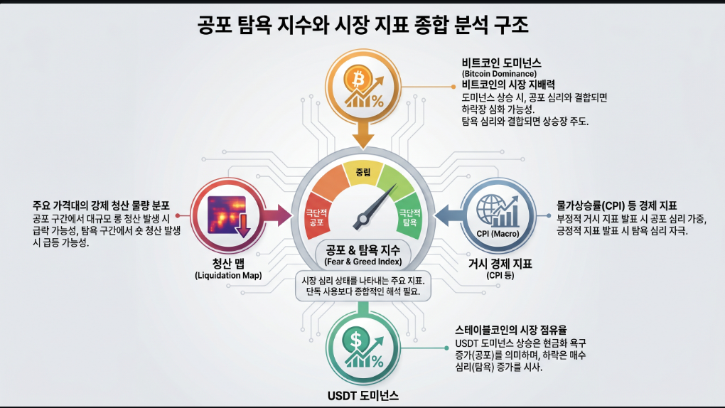 비트코인 공포탐욕지수를 다른 시장 지표와 함께 해석하는 이미지