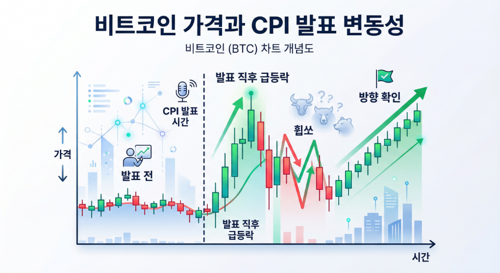 CPI 발표 전후 비트코인 차트 변동성 패턴을 설명한 이미지